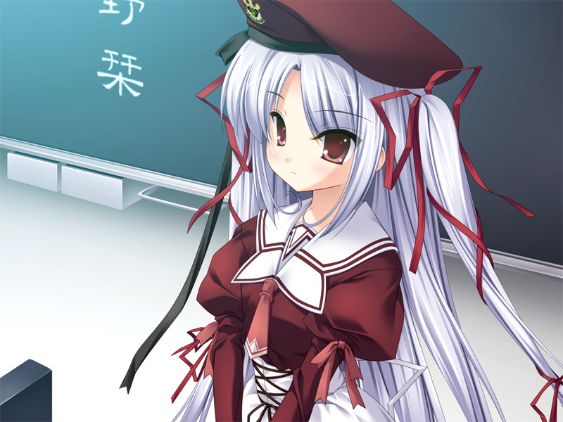 momono shiori, momose shiori, 11eyes, silver hair, 00s, 1girl, blush, chalkboard, female focus, hair ribbon, hat, indoors, long hair, necktie, red eyes, ribbon, school uniform, serafuku, solo, twintails, very long hair