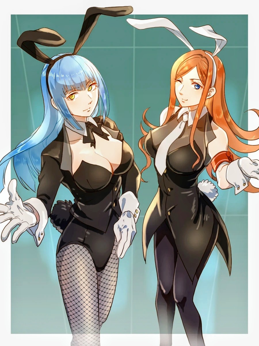 mikamikiseki, mirabel aalton, risette twinings, eiyuu densetsu, kuro no kiseki, kuro no kiseki (series), kuro no kiseki ii, commentary request, highres, 2girls, animal ears, black leotard, blue eyes, blue hair, border, breasts, brown hair, closed mouth, detached sleeves, fake animal ears, fake tail, fishnet pantyhose, fishnets, floating hair, gloves, large breasts, leotard, multiple girls, necktie, one eye closed, outside border, pantyhose, playboy bunny, rabbit ears, rabbit tail, smile, tail, white border, white gloves, white necktie, yellow eyes