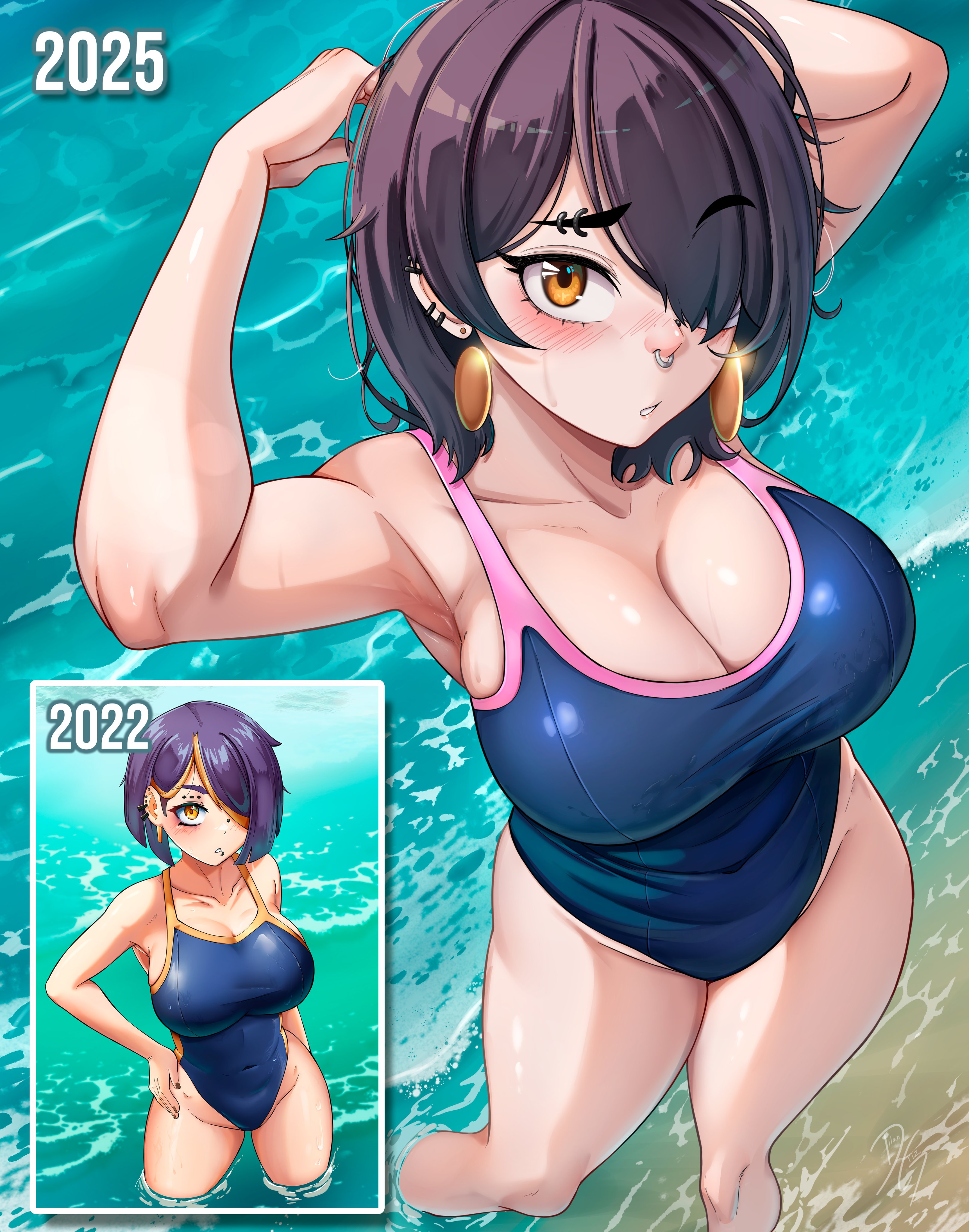 dilan griz, original, absurdres, commentary, english commentary, highres, 1girl, 2022, 2025, armpits, arms behind head, arms up, artist progress, blue one-piece swimsuit, breasts, cleavage, collarbone, cowboy shot, day, ear piercing, earrings, eyebrow piercing, face piercing, hair over one eye, jewelry, large breasts, looking at viewer, multiple piercings, nose, nose piercing, ocean, one-piece swimsuit, one eye covered, orange eyes, outdoors, parted bangs, parted lips, piercing, purple hair, queen (dilan griz), reference inset, short hair, standing, swimsuit, wading, wet