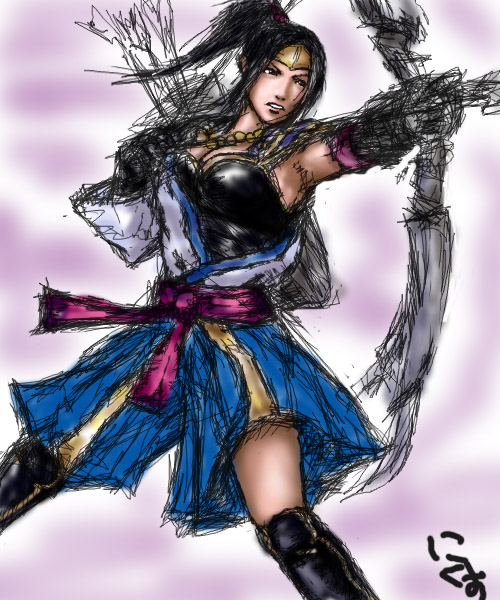 ina (urobronai), inahime, sengoku musou, 1girl, aiming, archery, arm guards, armpits, arrow (projectile), bare shoulders, black boots, boots, bow (weapon), female focus, knee boots, pink background, quiver, simple background, solo, standing, thighhighs, weapon, zettai ryouiki