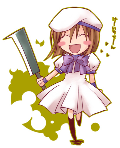ryuuguu rena, higurashi no naku koro ni, 00s, 1girl, billhook, blush stickers, brown hair, closed eyes, dress, female focus, hashitsuki nata, hat, hatchet, holding, holding weapon, nata (tool), open mouth, short hair, smile, solo, weapon, white background