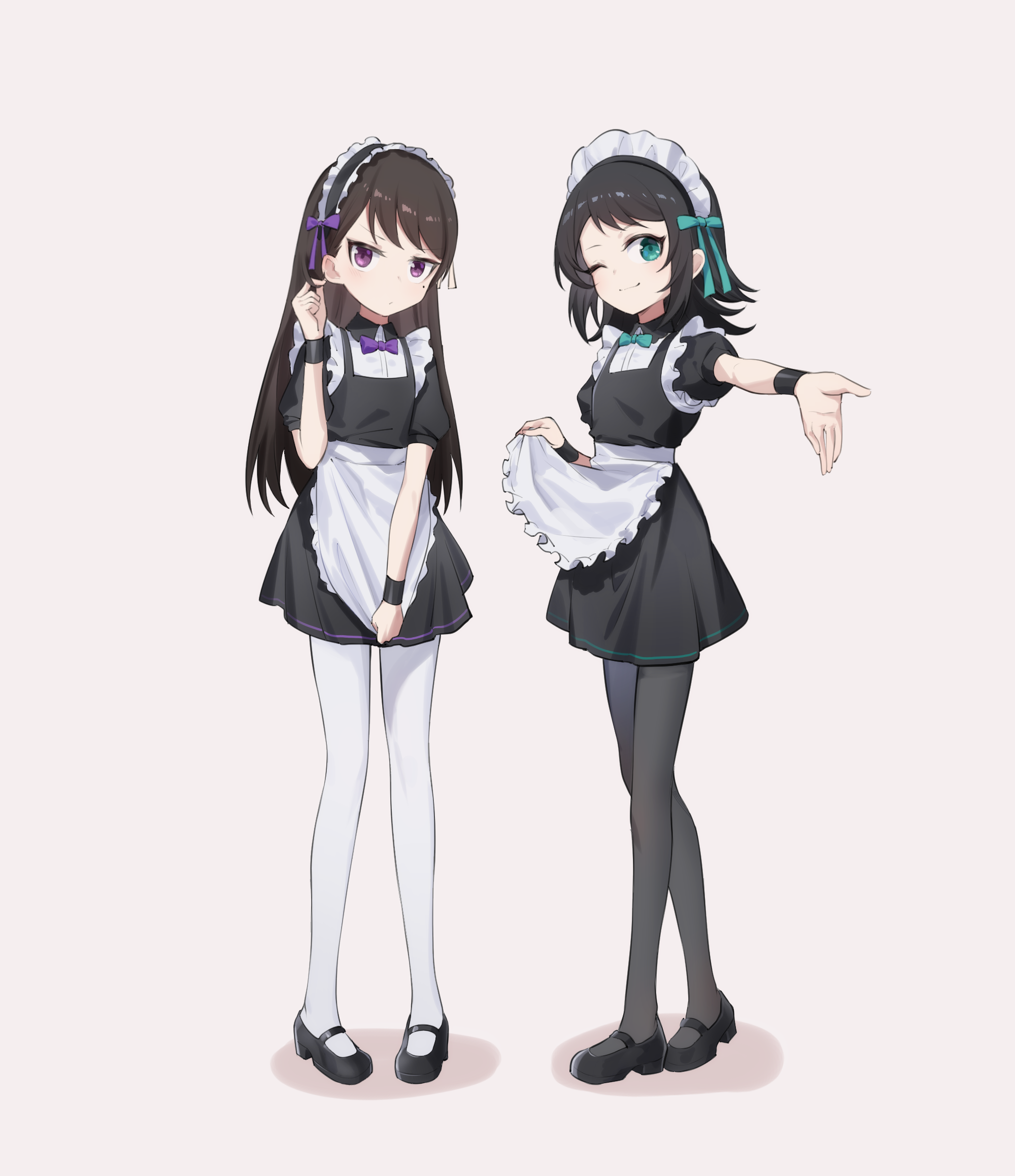yzj21333, shiina taki, yahata umiri, bang dream!, bang dream! it's mygo!!!!!, commentary, highres, 2girls, apron, black dress, black hair, black pantyhose, black shoes, black wrist cuffs, blue eyes, dated commentary, dress, frilled apron, frills, full body, long hair, looking at viewer, maid, maid headdress, medium hair, mole, mole under eye, multiple girls, one eye closed, pantyhose, purple eyes, shoes, short sleeves, simple background, twirling hair, waist apron, white apron, white background, white pantyhose, wrist cuffs