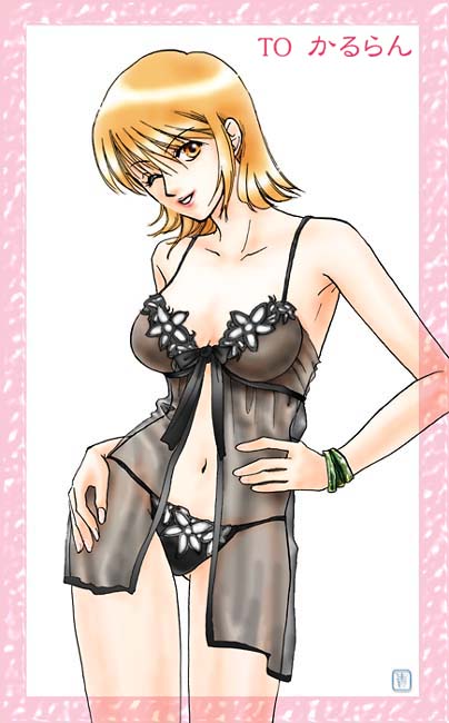 miyuki ao, nijyuurasen, nami (one piece), one piece, 1girl, babydoll, black panties, brown eyes, chemise, female focus, lingerie, no bra, one eye closed, orange hair, panties, see-through clothes, short hair, solo, underwear, wink