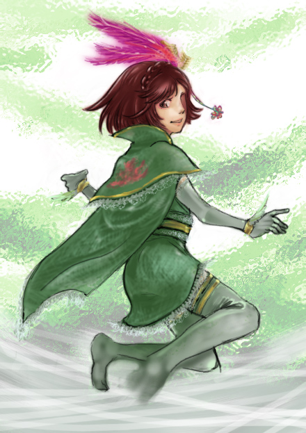 taanii, gracia hosokawa, hosokawa gracia, sengoku musou, sengoku musou 2, 1girl, brown hair, elbow gloves, female focus, frilled thigh strap, frills, full body, gloves, grey gloves, grey thighhighs, jumping, looking at viewer, looking back, short hair, solo, thigh strap, thighhighs