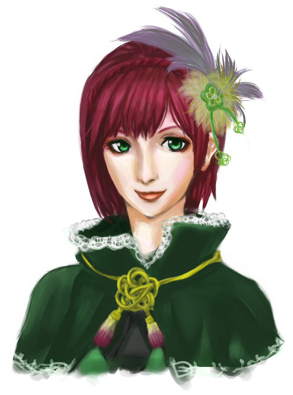 pmdtpmdt, gracia hosokawa, hosokawa gracia, sengoku musou, sengoku musou 2, 1girl, coat, collar, female focus, flower, green eyes, hair flower, hair ornament, hairpin, looking at viewer, red hair, short hair, solo, tassel, upper body