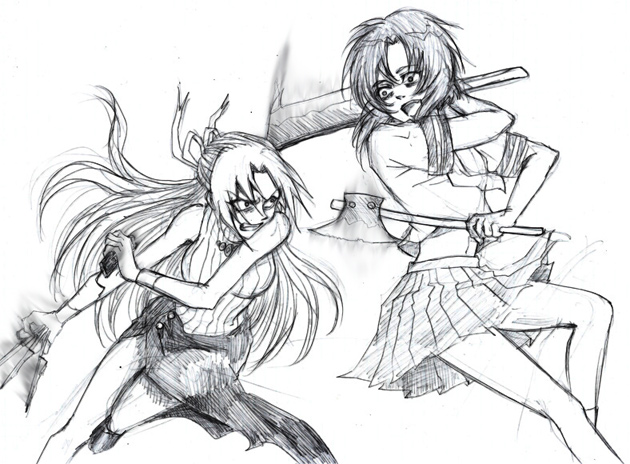 ryuuguu rena, sonozaki shion, higurashi no naku koro ni, 00s, 2girls, angry, axe, billhook, crazy, crazy eyes, electricity, electroshock weapon, energy, greyscale, half updo, hashitsuki nata, hatchet, knife, less-than-lethal weapon, long hair, monochrome, multiple girls, nata (tool), ribbon, school uniform, serafuku, short hair, sketch, stun gun, taser, weapon, yandere