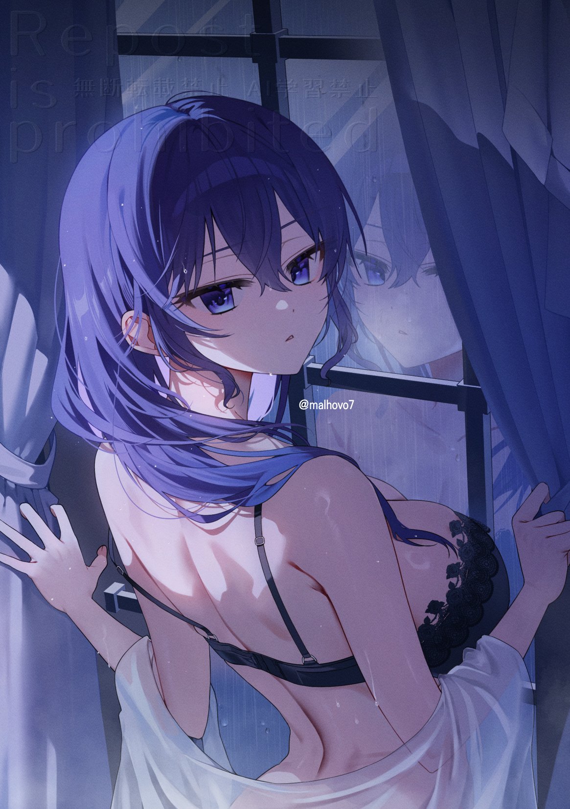 asahina mafuyu, project sekai, hashtag-only commentary, highres, 1girl, alternate hairstyle, back, bare shoulders, black bra, bra, breasts, cleavage, collarbone, curtain grab, curtains, different reflection, dot nose, from behind, hair between eyes, hair down, holding, indoors, lace, lace bra, large breasts, lingerie, long hair, looking at viewer, looking back, malho, parted lips, purple eyes, purple hair, rain, reflection, shirt, sideboob, sidelocks, solo, strap slip, twitter username, underwear, upper body, watermark, wet, wet hair, window