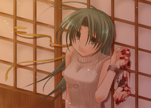 sonozaki shion, higurashi no naku koro ni, 00s, blood, cuffs, green eyes, green hair, handcuffs, long hair, ribbon, smile, solo