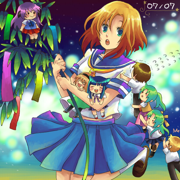 toratama kosuzu, furude rika, hanyuu, houjou satoko, houjou satoshi, maebara keiichi, ryuuguu rena, sonozaki mion, sonozaki shion, higurashi no naku koro ni, 00s, 2boys, 6+girls, blonde hair, blue eyes, blue skirt, brown hair, chibi, dress, green hair, horns, hug, long hair, multiple boys, multiple girls, pantyhose, pleated skirt, ponytail, purple hair, ribbon, school uniform, serafuku, short hair, siblings, sisters, skirt, tanabata, tanzaku, tree, twins