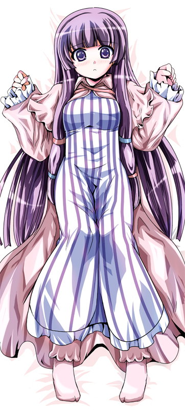 fa no hito, patchouli knowledge, touhou, striped, 1girl, :<, bed sheet, blunt bangs, blush, dakimakura (medium), female focus, full body, hime cut, long hair, looking at viewer, lying, matching hair/eyes, no headwear, on back, purple eyes, purple hair, socks, solo, surprised arms, vertical stripes