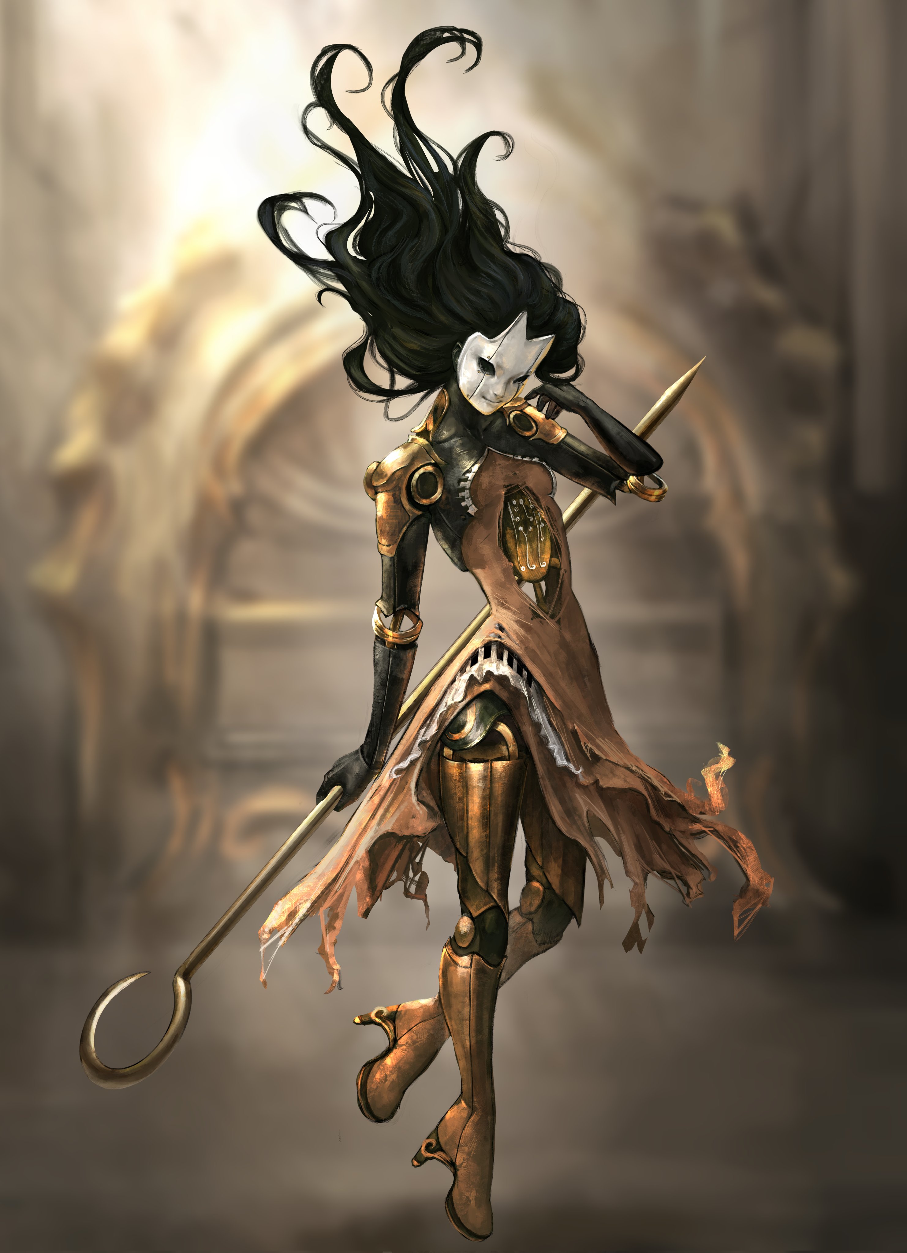 sulka art, hollow knight, hollow knight: silksong, absurdres, commentary, english commentary, highres, 1other, black hair, blurry, blurry background, floating hair, holding, holding weapon, hollow eyes, humanization, joints, long hair, phantom (hollow knight), pin (hollow knight), robot joints, wavy hair, weapon, white mask