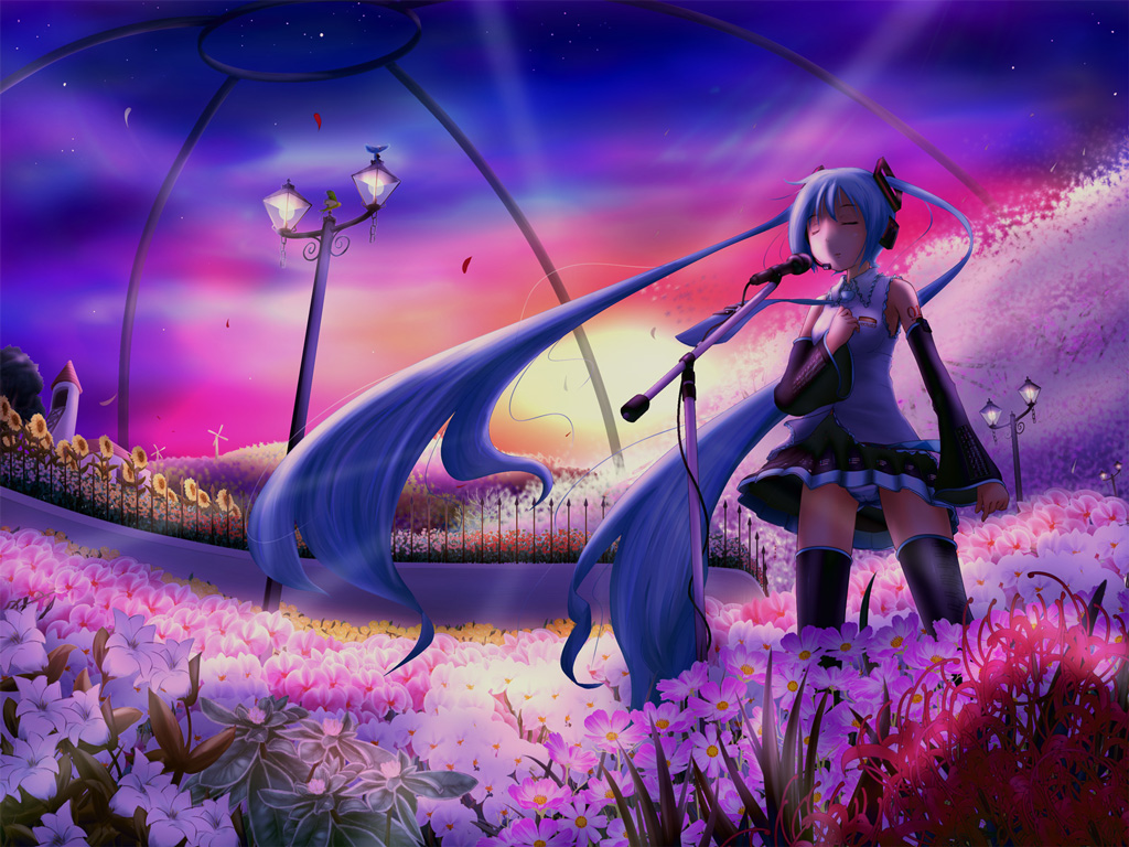kou (haijindeath), hatsune miku, vocaloid, bad id, bad pixiv id, 1girl, blue hair, detached sleeves, female focus, field, flower, flower field, green panties, headphones, long hair, michrophone, microphone, microphone stand, panties, pantyshot, skirt, solo, striped clothes, striped panties, thighhighs, twintails, underwear, upskirt, very long hair