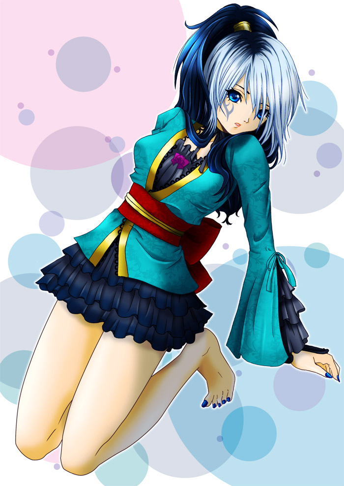 esumi (sully), chosokabe motochika, chosokabe motoko, chousokabe motochika (sengoku musou), sengoku musou, sengoku musou 2, bad id, bad pixiv id, 1girl, blue eyes, female focus, genderswap, genderswap (mtf), multicolored hair, ponytail, skirt, solo, tattoo