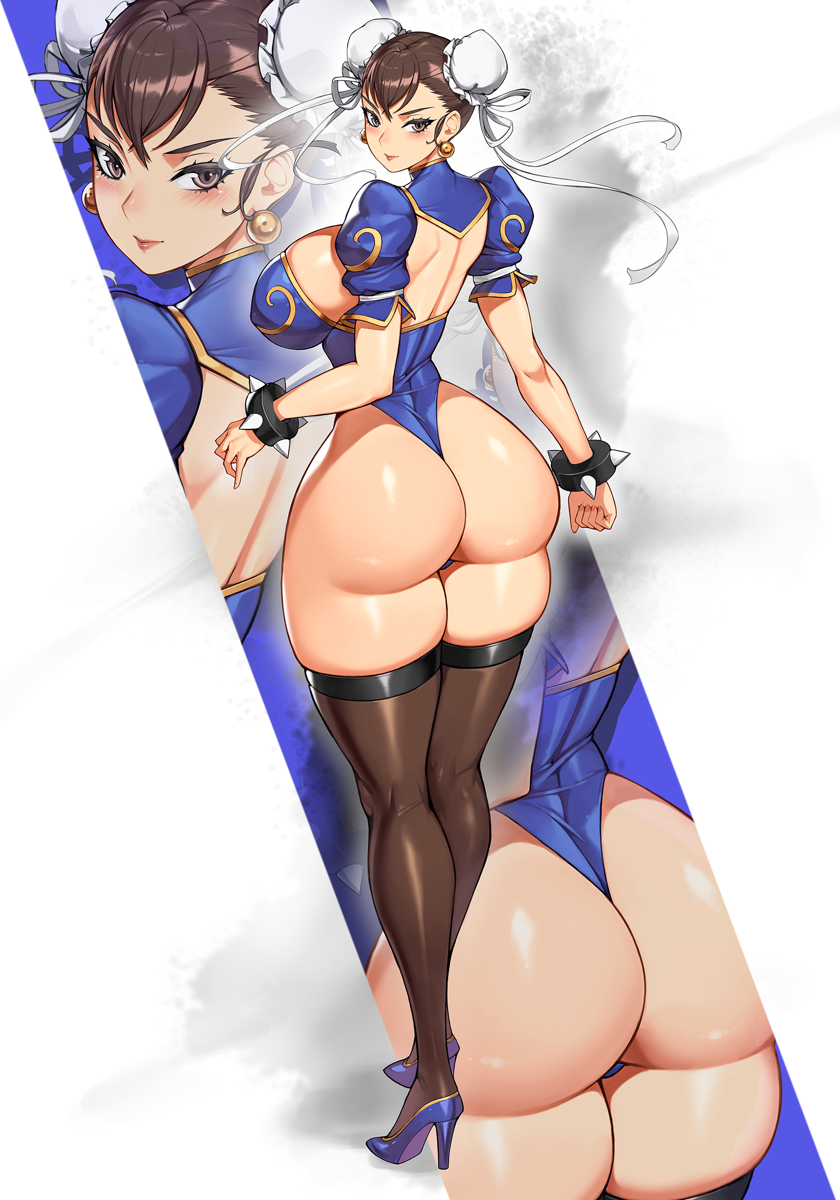 gurimjang, chun-li, capcom, street fighter, absurdres, highres, ass, bare back, blue leotard, blue shoes, bracelet, breasts, brown eyes, brown hair, brown pantyhose, closed mouth, double bun, earrings, from behind, gold trim, hair bun, high heels, highleg, highleg leotard, huge ass, huge breasts, impossible clothes, jewelry, legs together, leotard, light smile, looking at viewer, looking back, pantyhose, puffy short sleeves, puffy sleeves, revealing clothes, shadow, shoes, short sleeves, shrug (clothing), sideboob, spiked bracelet, spikes, standing, thick thighs, thighhighs, thighs, wide hips