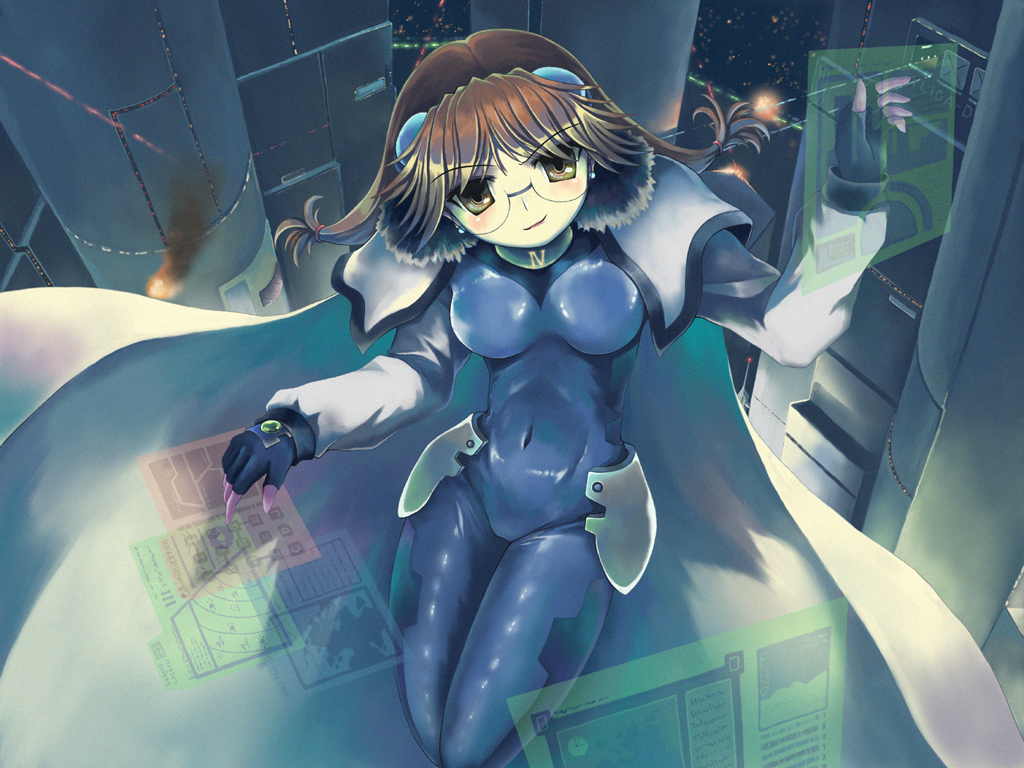 ranranloo, numbers (nanoha), quattro (nanoha), lyrical nanoha, mahou shoujo lyrical nanoha, mahou shoujo lyrical nanoha strikers, 00s, 1girl, bodysuit, breasts, brown hair, cape, female focus, fingerless gloves, glasses, gloves, large breasts, solo, twintails