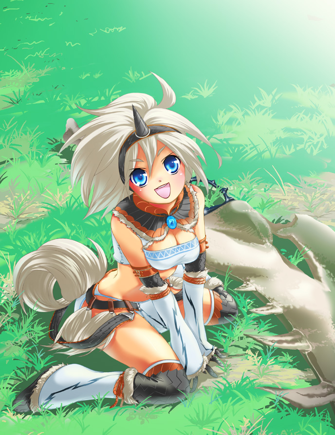 shige (st-k), capcom, monster hunter (series), 1girl, bandeau bikini, blue eyes, breasts, breasts squeezed together, cleavage, female focus, hairband, horns, kirin (armor), long hair, medium breasts, single horn, sitting, solo, vest, wariza, white hair