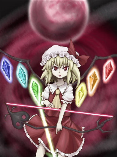 yoshitsuna, flandre scarlet, touhou, bad id, bad pixiv id, 1girl, blonde hair, bow (weapon), female focus, hat, mob cap, rainbow order, ribbon, short hair, solo, weapon, wings