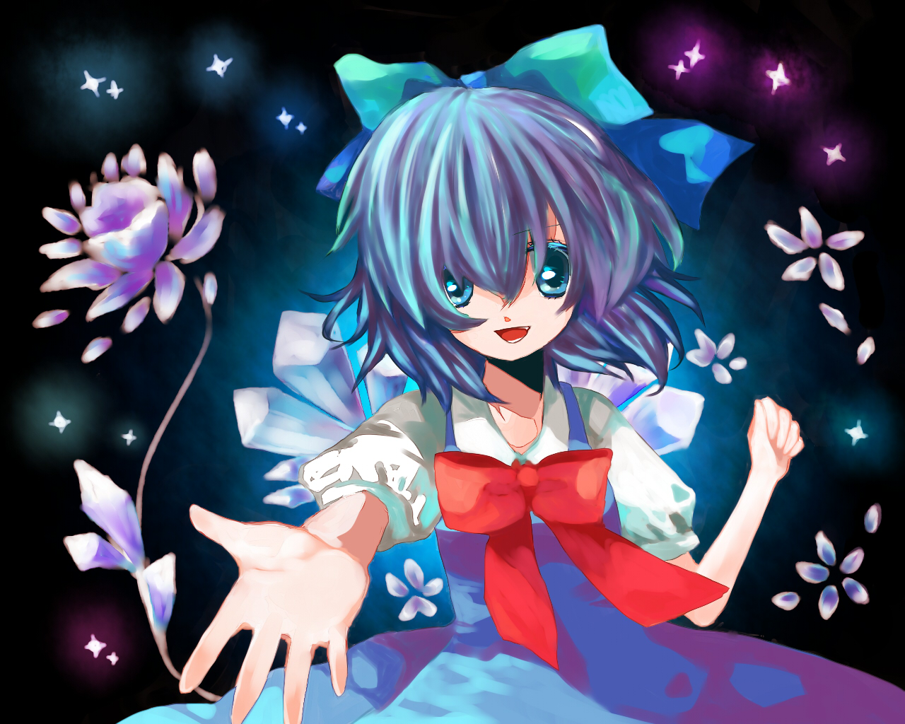 himaki, cirno, shoot the bullet, touhou, bad id, bad pixiv id, 1girl, blue hair, dress, female focus, flower, gradient background, plant, ribbon, short hair, solo, wings