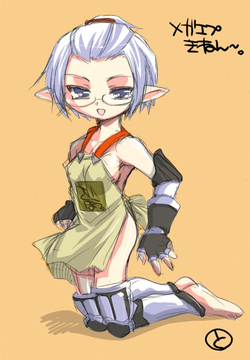 tokita monta, elvaan, final fantasy, final fantasy xi, 00s, 1girl, apron, elf, female focus, glasses, naked apron, pointy ears, signature, solo, white hair