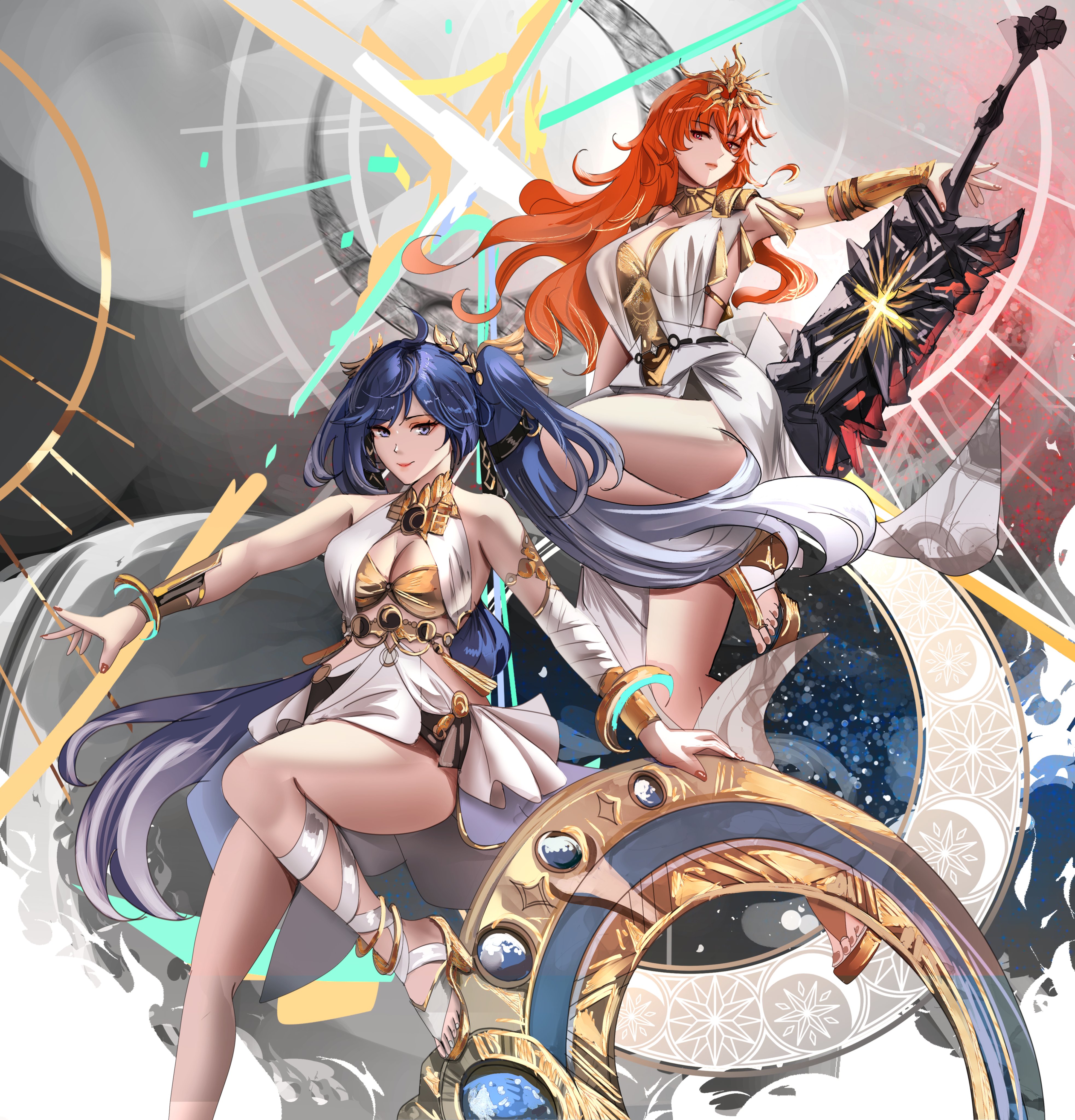 notgustiarp, augusta (wuthering waves), iuno (wuthering waves), wuthering waves, absurdres, commentary, english commentary, highres, 2girls, ancient greek clothes, armlet, armor, bare shoulders, blue eyes, blue hair, breastplate, breasts, cleavage, closed mouth, dress, gladiator sandals, gold bra, gradient hair, greatsword, greco-roman clothes, hair belt, hair between eyes, head wreath, headgear, holding, holding sword, holding weapon, jewelry, large breasts, long hair, looking at viewer, medium breasts, multicolored hair, multiple girls, orange hair, red eyes, sandals, smile, sword, thighs, twintails, weapon, white dress