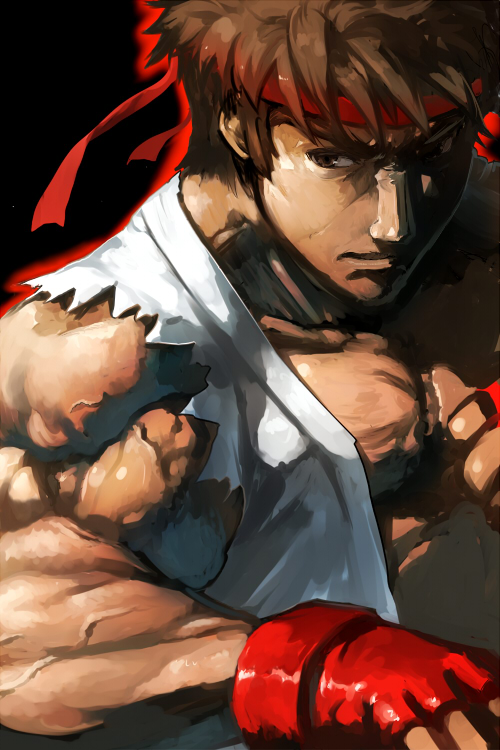 bob (biyonbiyon), ryu (street fighter), capcom, street fighter, 1boy, bandana, brown eyes, brown hair, gloves, male focus, solo