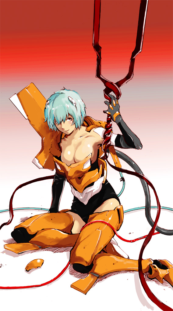 miyashita hiroki, ayanami rei, eva 00, neon genesis evangelion, 1girl, armor, bident, blue hair, breasts, brown eyes, cable, female focus, lance of longinus (evangelion), large breasts, orange armor, personification, polearm, smile, solo, spear, weapon, wire