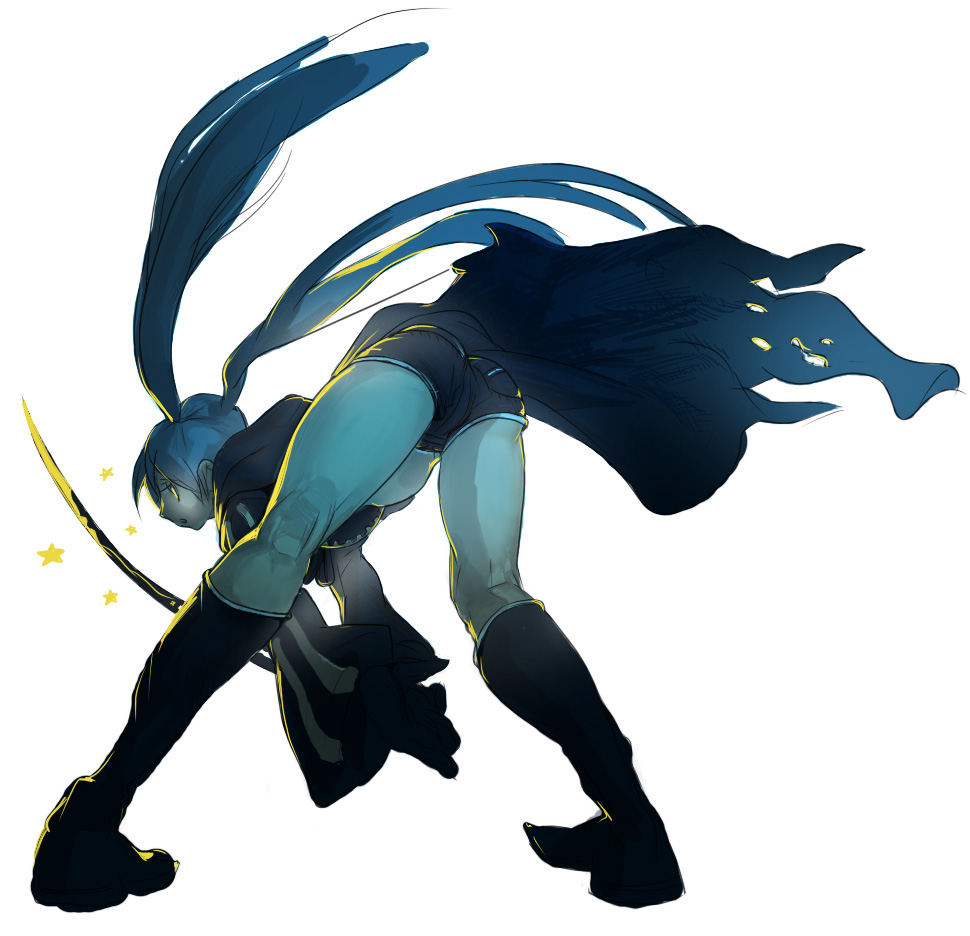 kuroko (artist), black rock shooter (character), black rock shooter, vocaloid, 10s, 1girl, ass, black boots, blue hair, boots, ears visible through hair, female focus, full body, long hair, simple background, solo, star (symbol), sword, twintails, very long hair, weapon, white background