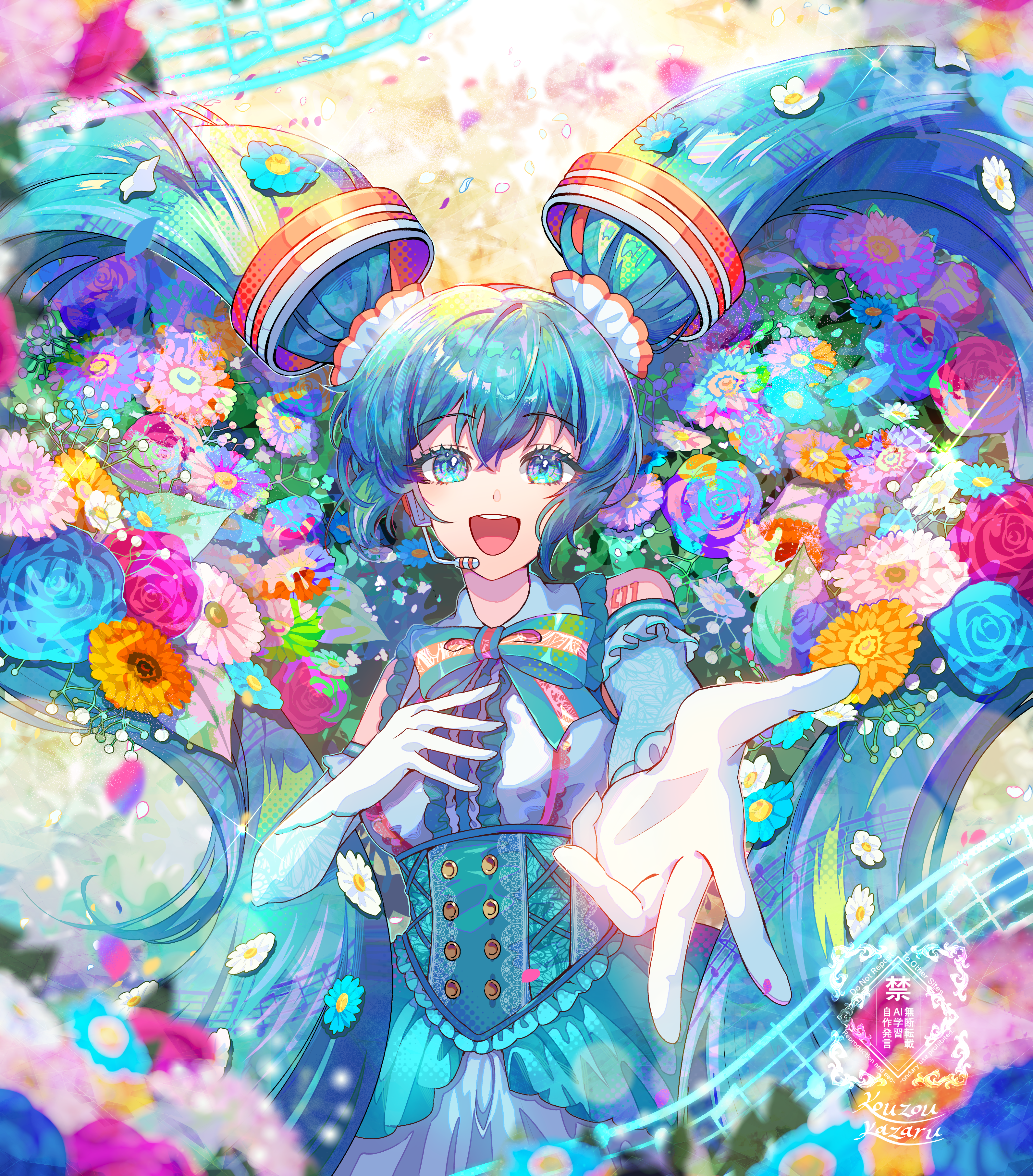 kozou kazaru, hatsune miku, vocaloid, absurdres, commentary request, highres, 1girl, :d, aqua dress, aqua eyes, aqua hair, bare shoulders, blue flower, blue rose, blurry, blurry foreground, corset, daisy (flower), detached sleeves, dot nose, dress, falling petals, floral background, flower, frilled dress, frilled sleeves, frills, gloves, hair flower, hair ornament, hand on own chest, headset, long hair, looking at viewer, lying, multicolored hair, musical note, number tattoo, on back, open mouth, outdoors, outstretched hand, petals, rose, smile, solo, sparkle, tattoo, teeth, twintails, upper teeth only, very long hair, watermark, white gloves