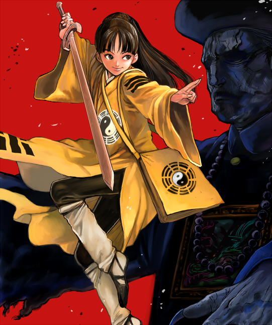 mahito (tranjistor), 1girl, bag, bagua, brown eyes, brown hair, chinese clothes, female focus, fighting stance, fingernails, hanfu, hat, jewelry, jian (weapon), jiangshi, long fingernails, necklace, ponytail, smile, solo, sword, trigram, weapon, wooden sword, wuxia, yin yang