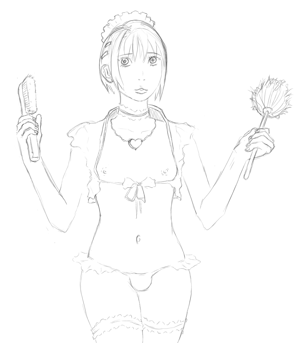 bh2, 1boy, androgynous, choker, cowboy shot, crossdressing, crossdressing (mtf), greyscale, jewelry, lips, looking at viewer, maid, male focus, male maid, monochrome, necklace, nipples, short hair, shota, simple background, solo, standing, thigh strap, white background
