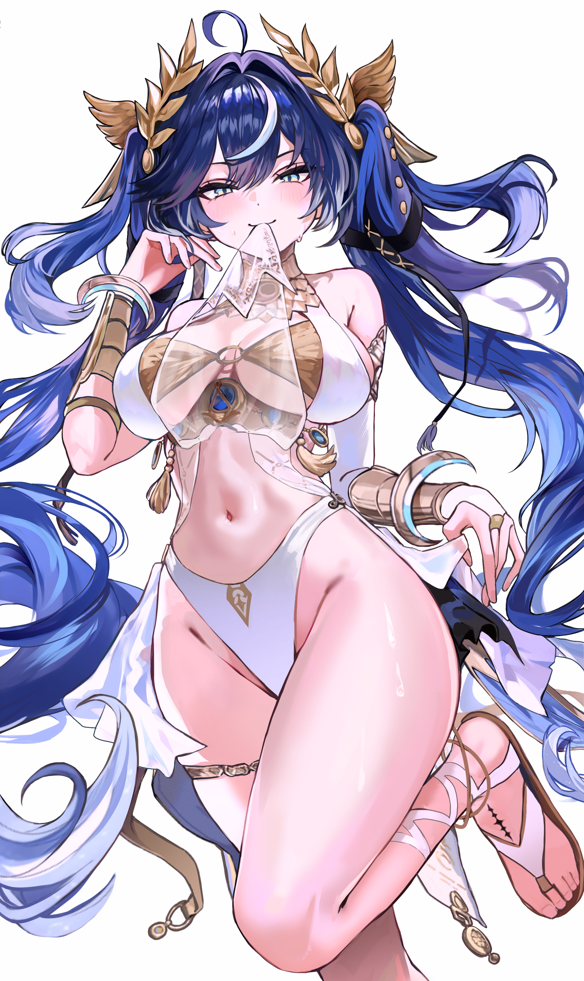 haze (ohw8g), iuno (wuthering waves), wuthering waves, absurdres, commentary, hashtag-only commentary, highres, 1girl, adapted costume, ahoge, armlet, armpit crease, bikini, blue eyes, blue hair, blush, breasts, cleavage, closed mouth, foot up, groin, hair belt, hair intakes, head wreath, highleg, highleg bikini, jewelry, large breasts, long hair, looking at viewer, mouth hold, multicolored hair, navel, simple background, smile, solo, stomach, streaked hair, sweat, swimsuit, tacet mark (wuthering waves), thighlet, thighs, toes, twintails, underboob, very long hair, white background, white bikini