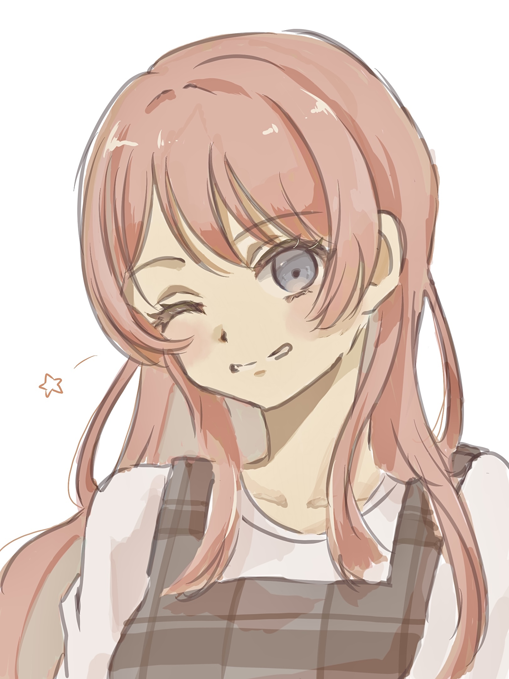 chihaya anon, bang dream!, bang dream! it's mygo!!!!!, commentary, highres, 1girl, grey eyes, long hair, one eye closed, pink hair, salted butter m, shirt, simple background, solo, upper body, white background, white shirt