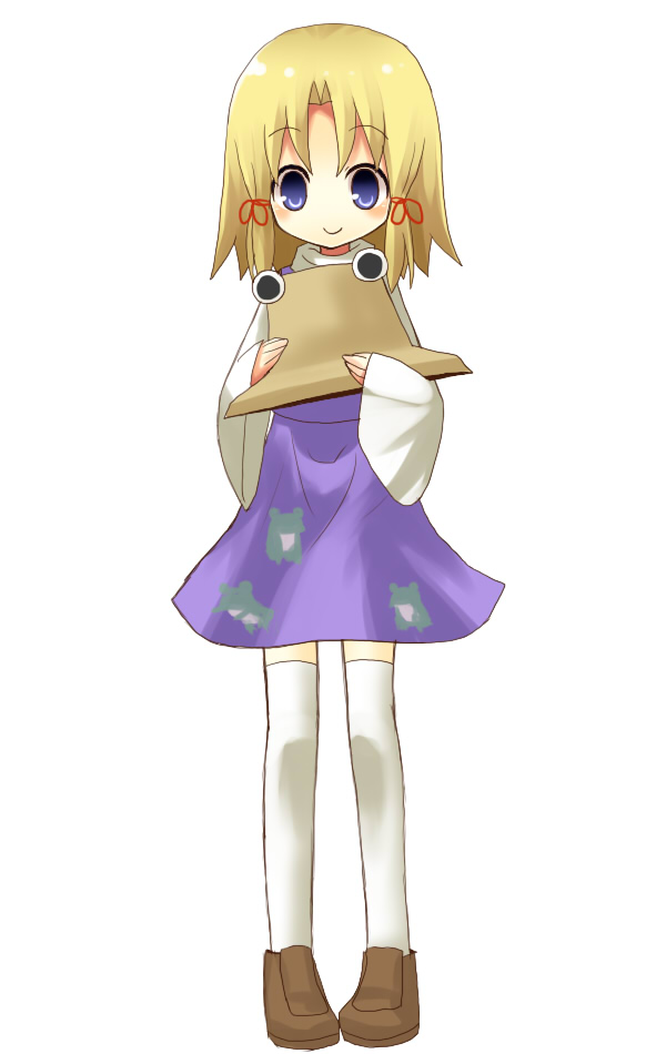 yuzuki (yuduame), moriya suwako, touhou, bad id, bad pixiv id, 1girl, brown shoes, female focus, hat, holding, holding unworn clothes, holding unworn hat, shoes, solo, thighhighs, unworn hat, unworn headwear