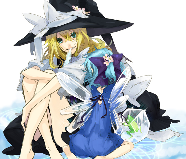 shiratama moyashi, shirodama moyashi, cirno, kirisame marisa, touhou, bad id, bad pixiv id, 2girls, blonde hair, blue hair, female focus, frog, hat, ice, long hair, multiple girls, ribbon, short hair, water, wings