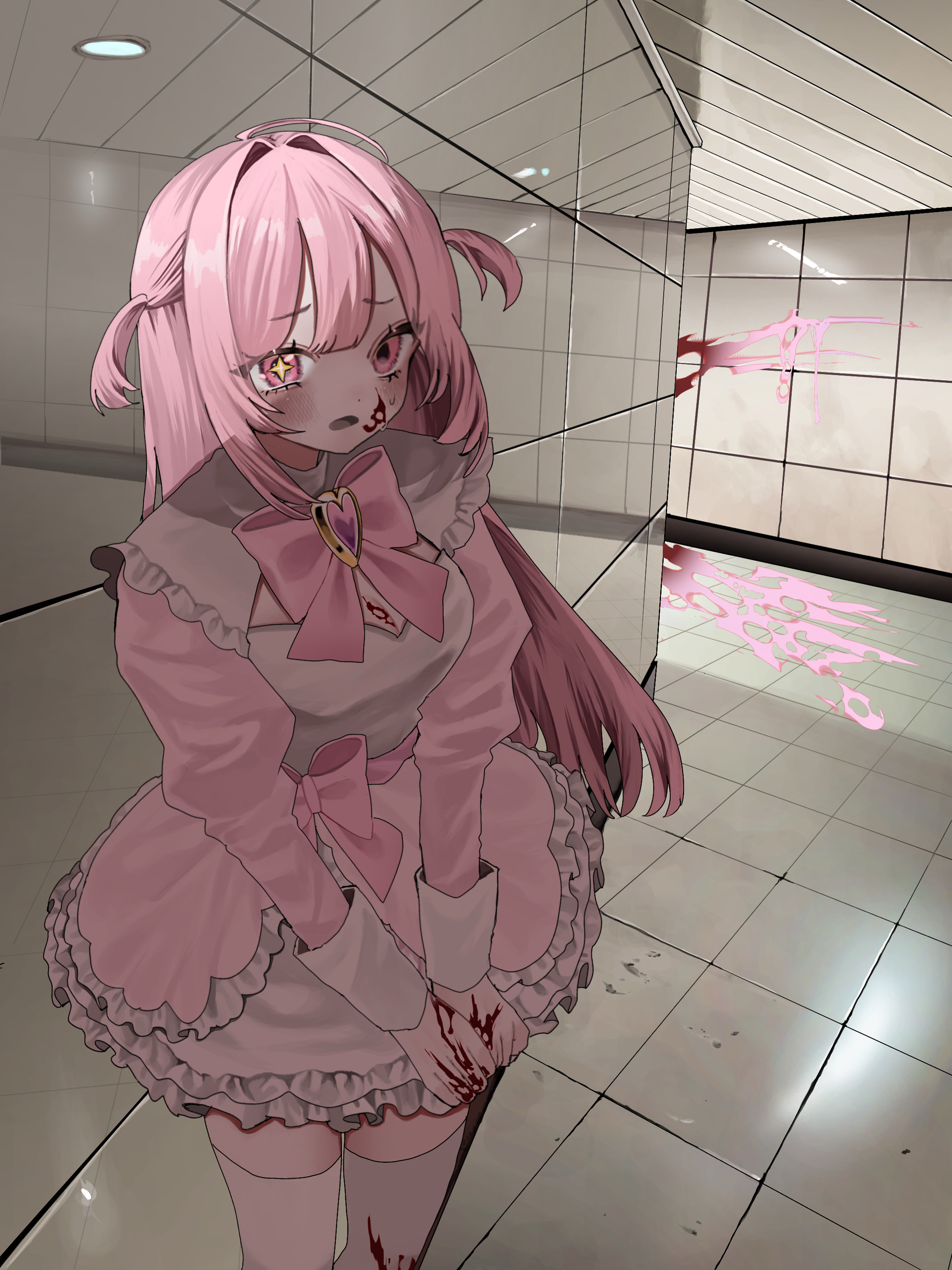 hanataro (sruvhqkehy1zied), original, absurdres, commentary request, highres, 1girl, blood, blood on clothes, blood on face, blood on hands, bow, jewelry, long hair, long sleeves, looking at viewer, open mouth, pink-framed eyewear, pink bow, pink eyes, pink hair, solo, star-shaped pupils, star (symbol), symbol-shaped pupils, thighhighs, tiles, two side up, white thighhighs