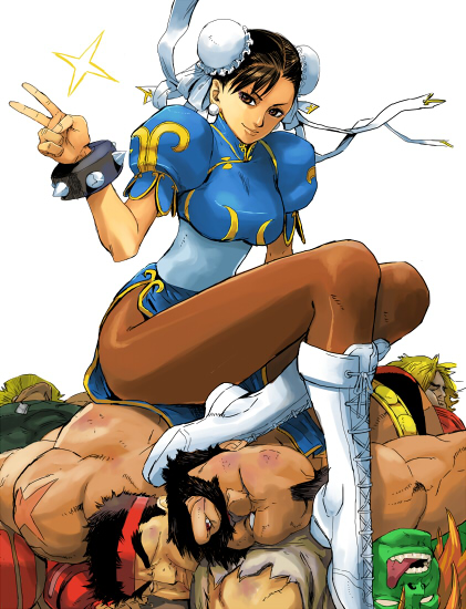 mahito (tranjistor), blanka, chun-li, guile, ken masters, ryu (street fighter), zangief, capcom, street fighter, 1girl, 5boys, black hair, brown eyes, china dress, chinese clothes, dress, multiple boys, pantyhose, pelvic curtain, sitting, v