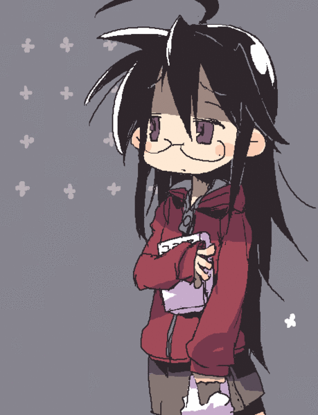 hashimoto shin, izumi konata, kurokona, lucky star, pixiv sample, resized, 00s, black hair, frown, glasses, skirt