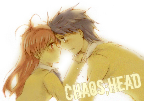 takana (nanao), nishijou takumi, sakihata rimi, chaos;head, science adventure, 1boy, 1girl, blue hair, blush, bow, bowtie, copyright name, couple, eye contact, hetero, long hair, looking at another, plaid bow, plaid bowtie, plaid clothes, purple bow, purple bowtie, school uniform, short hair, simple background, smile, suimei academy school uniform, tearing up, white background