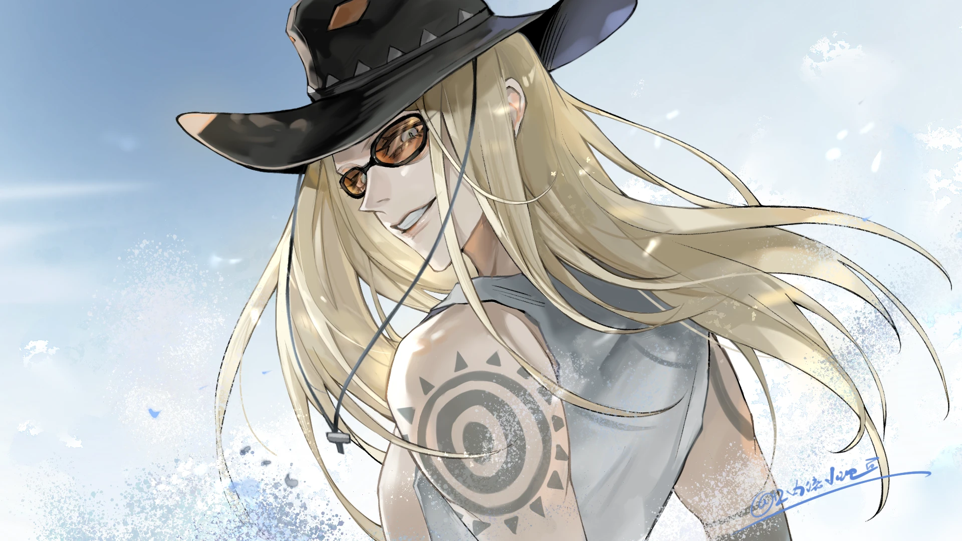 shitakuray, tezcatlipoca (fate), tezcatlipoca (wild gunman) (fate), fate/grand order, fate (series), highres, 1boy, black hat, blonde hair, blue sky, cowboy hat, hat, jewelry, long hair, looking at viewer, looking back, male focus, open mouth, orange-tinted eyewear, sky, smile, solo, tattoo, tinted eyewear, upper body, vest, wide brim