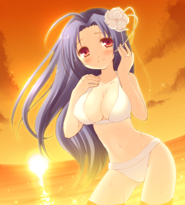 komi zumiko, miura azusa, idolmaster, idolmaster (classic), bad id, bad pixiv id, 00s, 1girl, bikini, blue hair, blush, breasts, cleavage, female focus, flower, hair flower, hair ornament, large breasts, long hair, navel, red eyes, solo, sunset, swimsuit, wading, water, white bikini