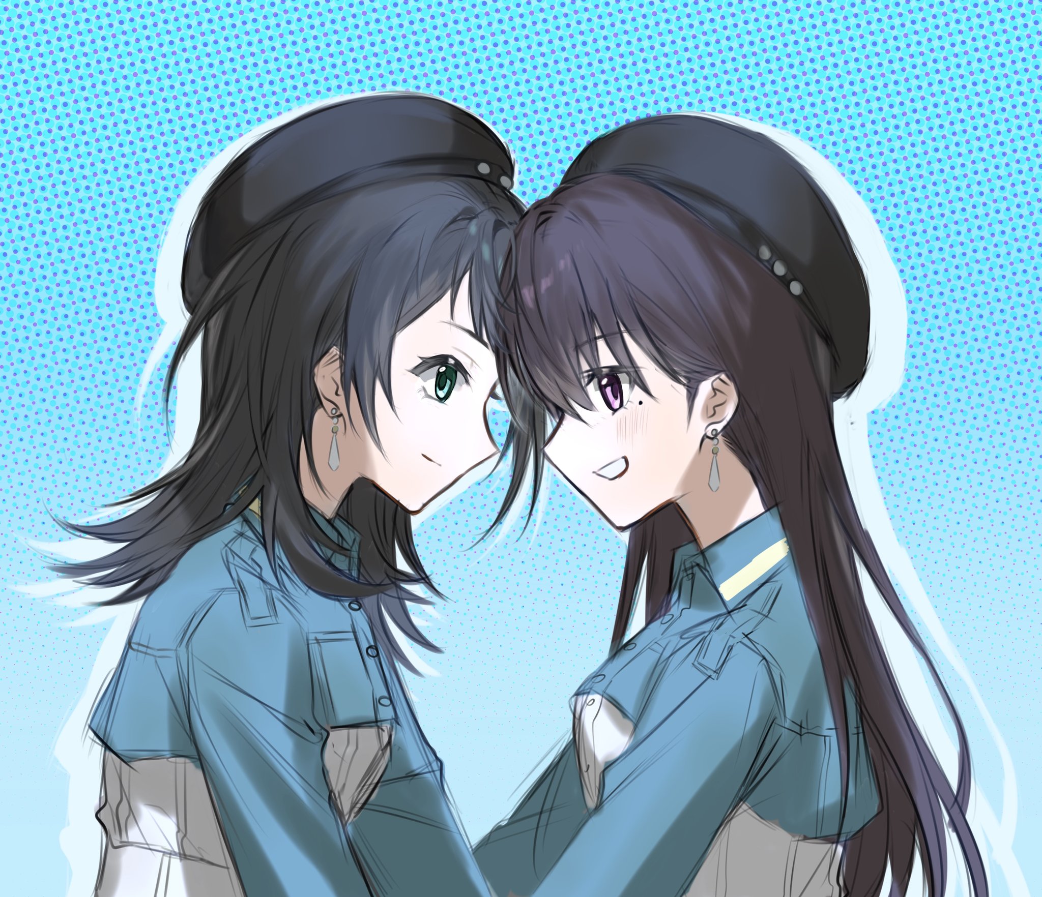 trileo405, shiina taki, yahata umiri, bang dream!, bang dream! it's mygo!!!!!, highres, 2girls, black hair, blue background, blue eyes, blue jacket, brown hair, closed mouth, forehead-to-forehead, heads together, jacket, long hair, medium hair, mole, mole under eye, multiple girls, open mouth, purple eyes, yuri