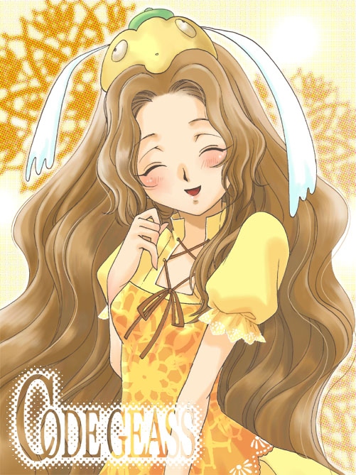 kacka, nunnally vi britannia, code geass, 00s, 1girl, :d, ^ ^, blush, brown hair, closed eyes, collarbone, copyright name, cowboy shot, criss-cross halter, dress, female focus, halterneck, long hair, looking at viewer, open mouth, parted bangs, puffy short sleeves, puffy sleeves, short sleeves, smile, solo, very long hair, yellow dress