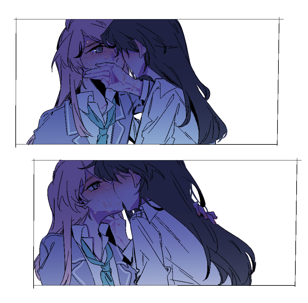 z akane890, chihaya anon, shiina taki, bang dream!, bang dream! it's mygo!!!!!, commentary, hashtag-only commentary, 2girls, black hair, green necktie, grey eyes, grey jacket, haneoka school uniform, implied after cunnilingus, jacket, kiss, long hair, multiple girls, necktie, pink hair, school uniform, simple background, suggestive fluid, white background, yuri