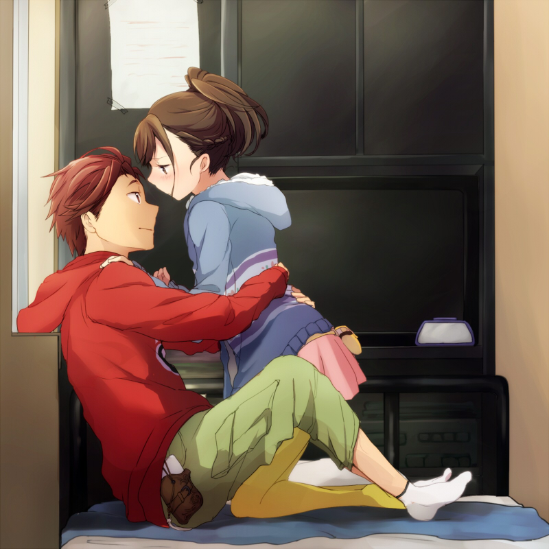 takana (nanao), senomiya akiho, yashio kaito, robotics;notes, science adventure, 1boy, 1girl, blush, brown eyes, brown hair, casual, couple, hetero, hood, hoodie, hug, indoors, long hair, long sleeves, miniskirt, no shoes, on bed, pants, pantyhose, pink skirt, ponytail, red hair, short hair, sitting, skirt, smile, socks, white socks, winter clothes, yellow pantyhose