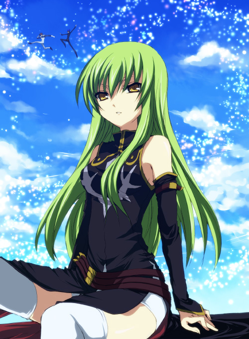 suzushiro kurumi, c.c., kururugi suzaku, lelouch vi britannia, code geass, 00s, 1girl, 2boys, cameo, cloud, day, detached sleeves, fabulous, green hair, long hair, multiple boys, sitting, sky, spinzaku, thighhighs, when you see it, yellow eyes