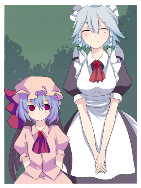 harano, izayoi sakuya, remilia scarlet, touhou, silver hair, 2girls, braid, closed eyes, female focus, hat, maid, multiple girls, purple hair, red eyes, short hair, smile, v arms
