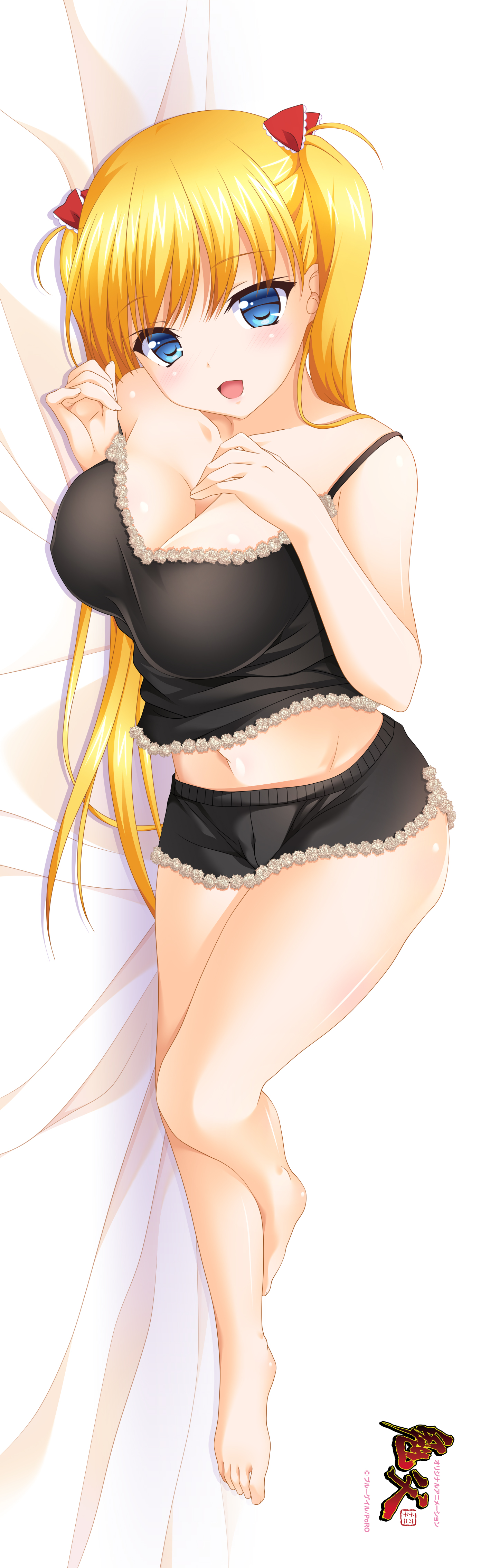 kinohara hikaru, akizuki airi, oni chichi, absurdres, highres, official art, 1girl, anime coloring, barefoot, black camisole, black shorts, blonde hair, blue eyes, blush, bow, breasts, camisole, cleavage, collarbone, copyright logo, from side, full body, hair ribbon, indoors, large breasts, lips, long hair, looking at viewer, lying, micro shorts, navel, on bed, on side, open mouth, red bow, ribbon, shorts, smile, solo, twintails, very long hair