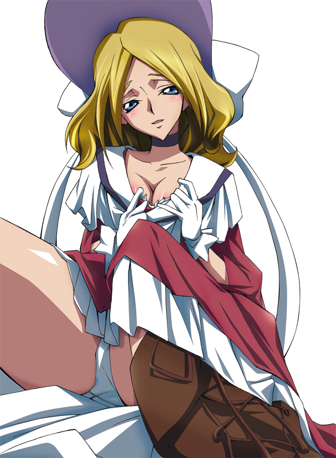 ippopotamo, milly ashford, code geass, bad id, bad pixiv id, 00s, 1girl, blonde hair, blue eyes, breasts, cleavage, female focus, gloves, hat, long hair, panties, sitting, solo, underwear, white panties