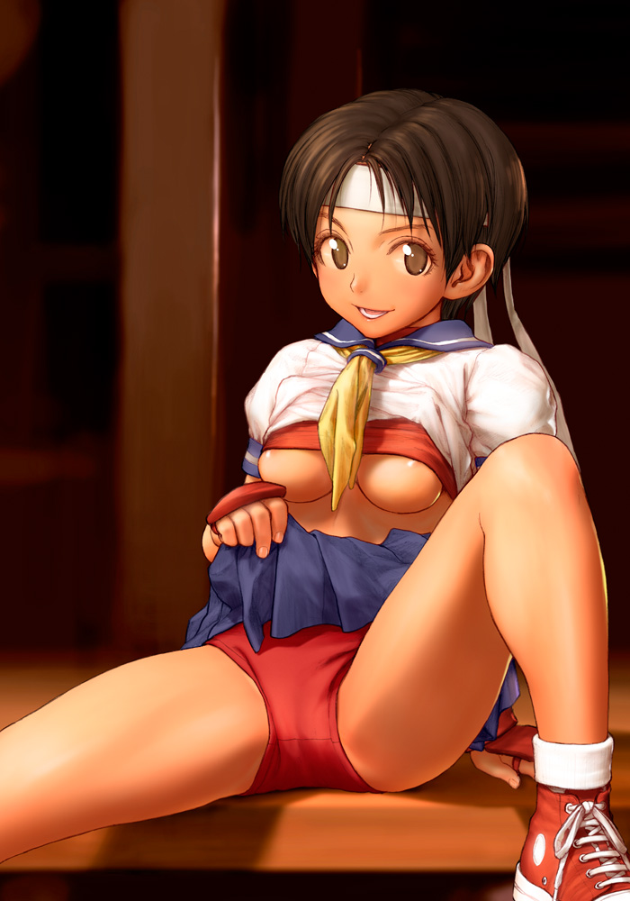 rustle, kasugano sakura, capcom, street fighter, street fighter zero (series), bad id, bad pixiv id, 1990s (style), 1girl, blue sailor collar, breasts, brown eyes, brown hair, buruma, clenched hand, clothes lift, female focus, fingerless gloves, gloves, headband, legs, lips, medium breasts, midriff, miniskirt, neckerchief, necktie, nipples, panties, pantyshot, pleated skirt, presenting, retro artstyle, sailor collar, sailor crest, school uniform, serafuku, shirt, shirt lift, shoes, short hair, sitting, skirt, skirt lift, smile, sneakers, socks, solo, spread legs, teeth, thighs, underboob, underwear, upshirt, upskirt