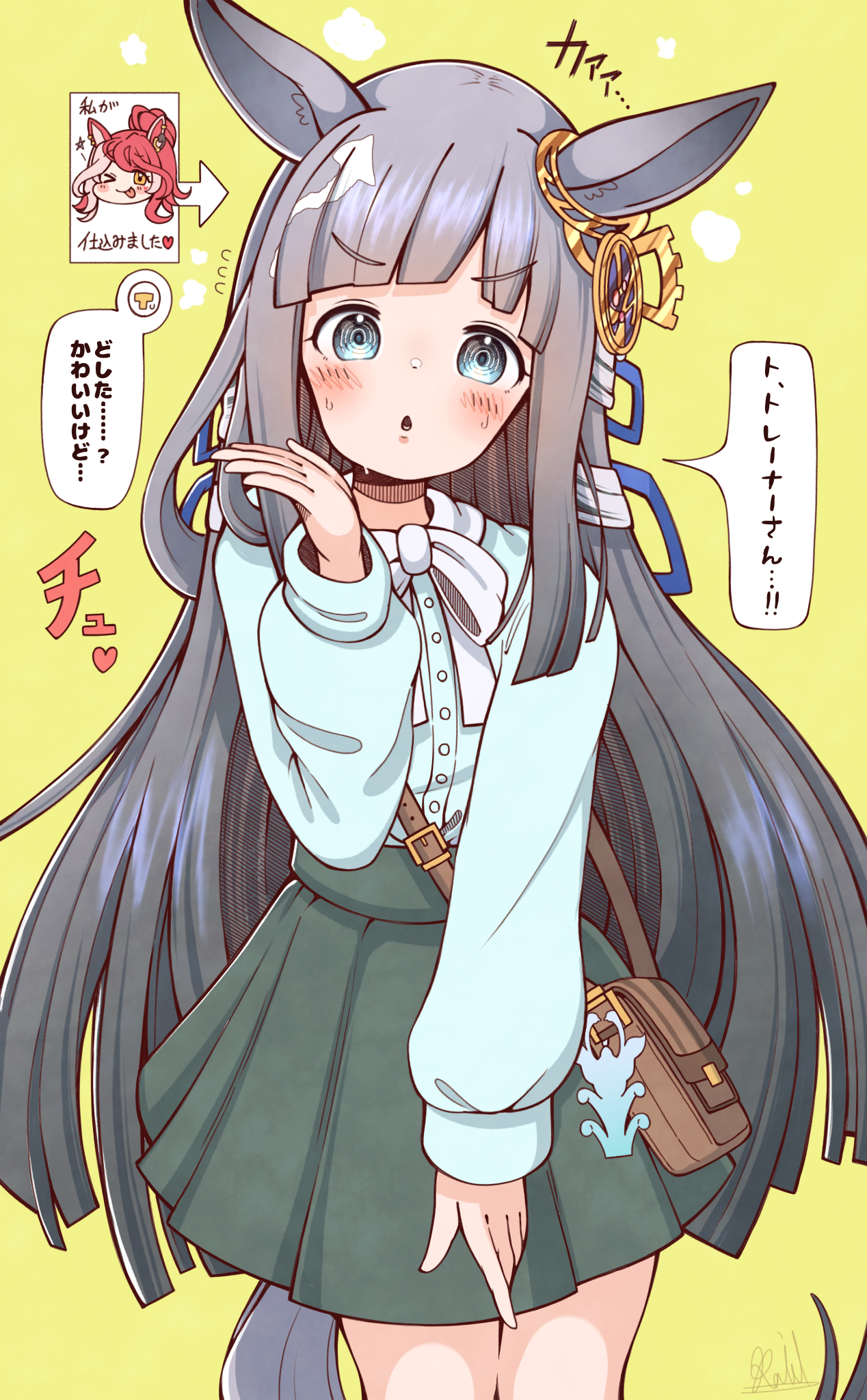 rakugakiraid, chrono genesis (casual) (umamusume), chrono genesis (umamusume), loves only you (umamusume), umamusume, commentary request, highres, translation request, 1girl, animal ears, arrow (symbol), blowing kiss, blue eyes, blue shirt, blunt bangs, blush, chibi, chibi inset, cowboy shot, ear ornament, green skirt, grey hair, hand up, horse ears, horse girl, horse tail, long hair, long sleeves, looking at viewer, neck ribbon, open mouth, ribbon, ringed eyes, shirt, simple background, skirt, solo, speech bubble, tail, white ribbon